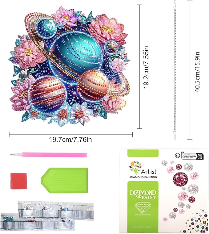 Lxmsja DIY Planets Rings Diamond Painting Hanging Ornament, Double-Sided Acrylic Colorful Planets Diamond Art Kit, Special Shaped Suncatcher Hanging Pendant Window Art Kit