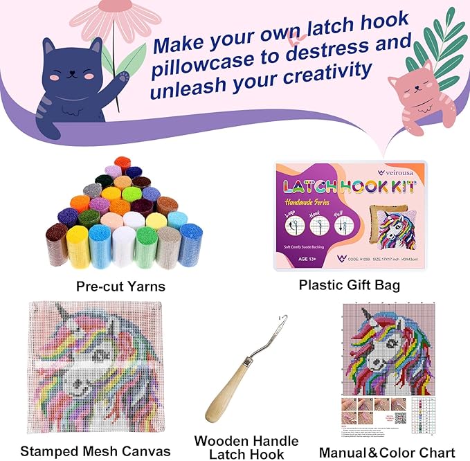 Fantasy Unicorn Latch Hook Kits for Adults Kids, Beginners DIY Throw Pillow Kit Pre-printed Pillowcase Hook and Latch Rug Kits Cross-stitch Cushion Cover for Home Sofa Decor Gift Idea 17x17 inch