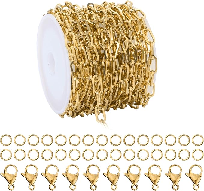 16.4 Feet Gold Plated Stainless Steel Chain Bulk Flat Paperclip Link Chains 5x10mm Jewelry Chain Roll with Jump Rings Lobster Clasps Oval Cable Chains for DIY Jewelry Making