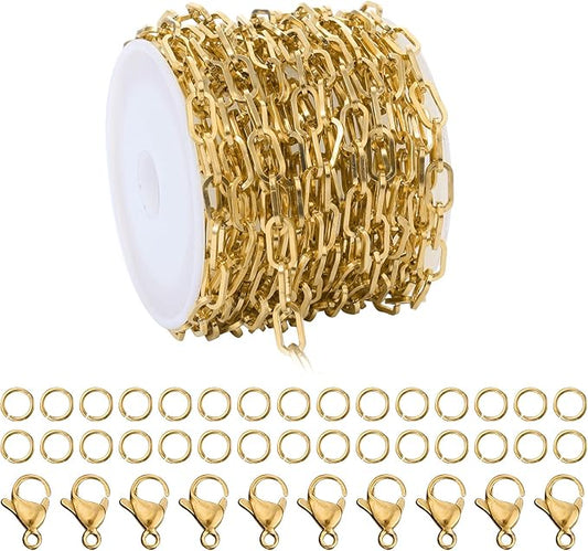 16.4 Feet Gold Plated Stainless Steel Chain Bulk Flat Paperclip Link Chains 5x10mm Jewelry Chain Roll with Jump Rings Lobster Clasps Oval Cable Chains for DIY Jewelry Making
