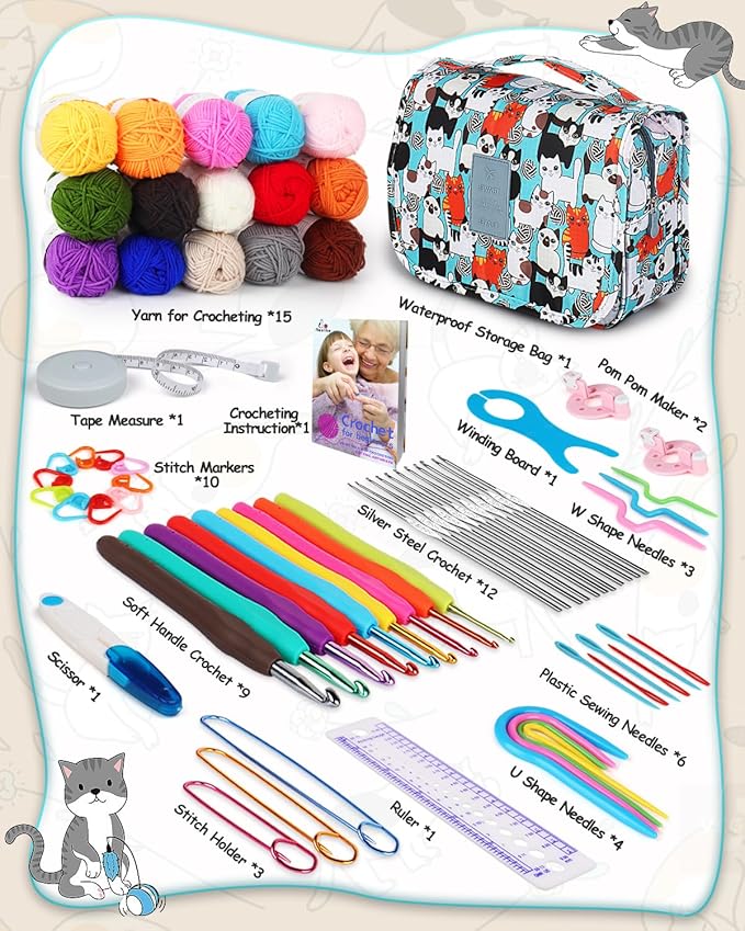 aeelike crochet kit with bag for travel, easy learn to crochet kit for beginners all age,69pcs crochet starter kit include crocheting instruction, 21pcs crochet hooks,15pcs yarn and storage bag