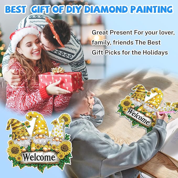 Bowetile Hanging Diamond Art Gnomes Kits for Adults, 5D Special Shape Diamond Painting Welcome Sign Gnomes Kits, Diamond Gem Art Suncatchers Painting Ornament for Home Garden Wall Decor