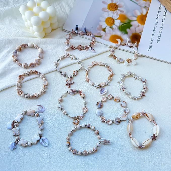 610Pcs Ocean Beads for Bracelets Making Kit, Shell Beads for Jewelry Making, Imitation Boho Shell Turtle Starfish Shape Sea Beach Bead Charms for Summer Sea Dangle Pendant Earring DIY Craft Necklace