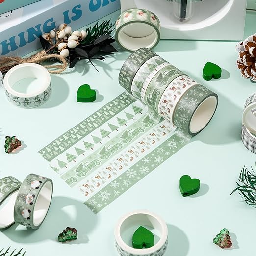 Sage Green Washi Tape - 12 Rolls Christmas Sage Design, Acid Free Residue Free Adhesive Easy Tear DIY Art Crafts for Christmas Gift Wrapping, Scrapbook, Journal Decor, Holiday Projects