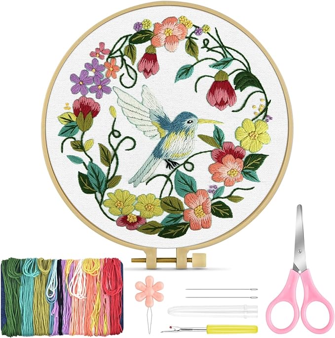 TINDTOP Embroidery Kit for Beginners Adult, Hummingbird Embroidery Kit for Beginners Include Embroidery Cloth Hoops Threads for Craft Lover Hand Stitch with Embroidery Skill Techniques