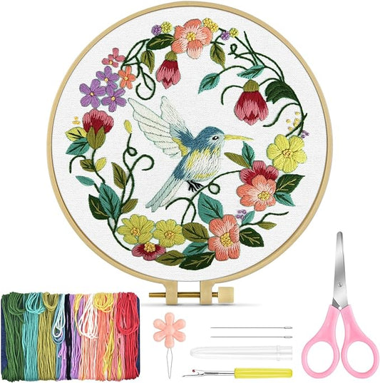 TINDTOP Embroidery Kit for Beginners Adult, Hummingbird Embroidery Kit for Beginners Include Embroidery Cloth Hoops Threads for Craft Lover Hand Stitch with Embroidery Skill Techniques
