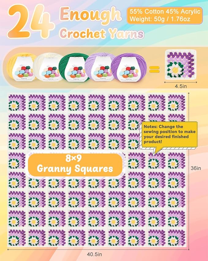 Coopay Blanket Crochet Kit for Beginners, All-in-One Granny Square Blanket Kit with Step-by-Step Video & Enough Yarns - Master 3D Granny Square Crocheting Easily, Ideal Gift for Craft Lovers (Purple)