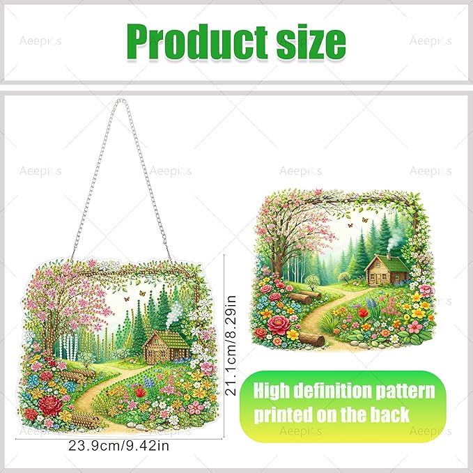 Aeepics Hanging Diamond Art Kit for Adult, DIY Diamonds Painting Pendant Ornament Kit, Acrylic Diamond Art Painting Board Kit (Cabin in The Wood)