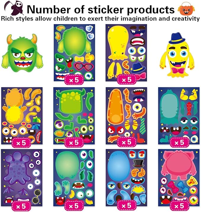 50 sheets make a monster face stickers for kids make your own little monster sticker sheets halloween party favor stickers birthday school classroom reward gift