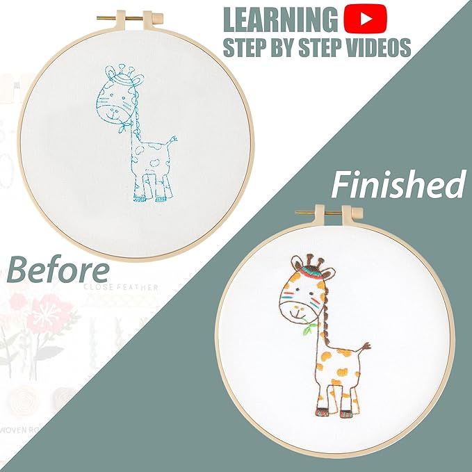 embroidery kit for beginners adults, adult starter cross stitch kit needlepoint complete diy kit with unique patterns, hoop, colorful threads, tools, step by step instructions & video tutorial