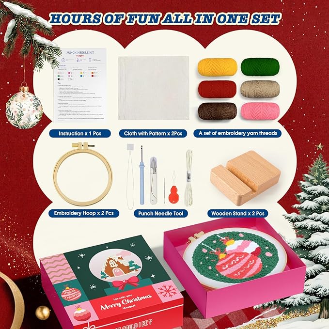 yuegool 2PCS Christmas Punch Needle Decoration Kit, Easy DIY Punch Needle Embroidery Kit for Beginners & Adults Including Patterns, Tools, Yarns, Hoop, Instruction, Bracket Art Craft Supplies