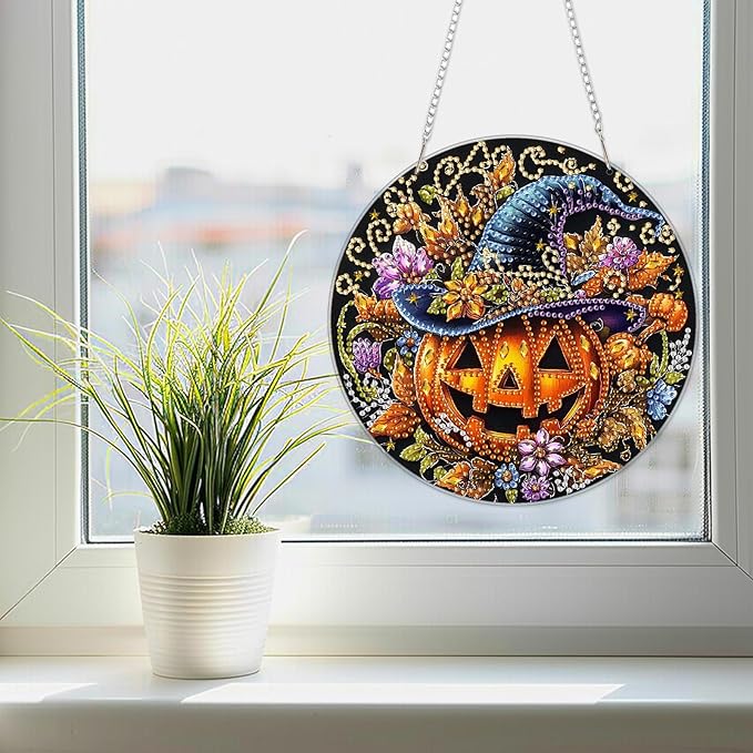 SENQAO Scary Pumpkin Diamond Art Hanging Kits for Adults, Acrylic Diamonds Painting Pendant Board Kit Halloween, Diamond Art Painting Window Pendants Home Garden Wall Hanging Kits Hanging Ornament