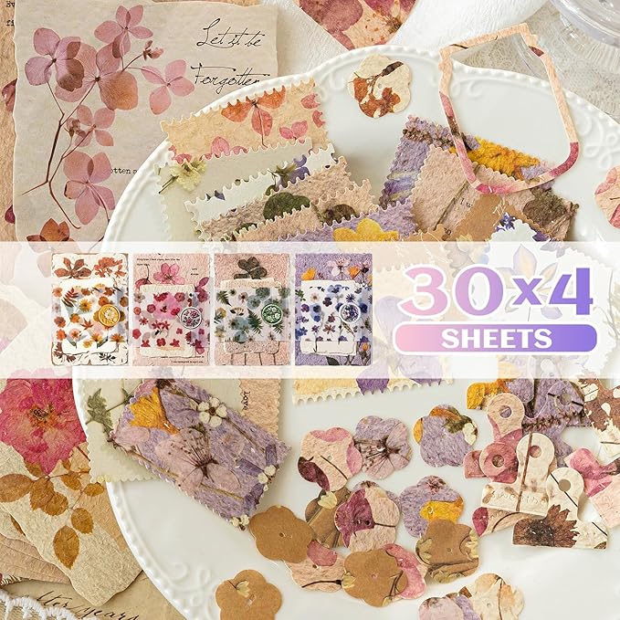 120Pcs Floral Vintage Scrapbook Supplies Kit Textured Paper Embossed Rice Paper for Crafts,Junk Journal Supplies Bullet Journaling,Decoupage Card Making,DIY Mixed Media Collage Card