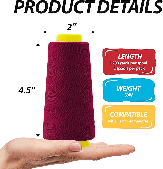 Mandala Crafts Burgundy Thread Cones for Machine and Hand Quilting - 2400 Yds 50 WT Multiple Purpose Mercerized 100% Cotton Threads for Sewing Machine Serger Embroidery