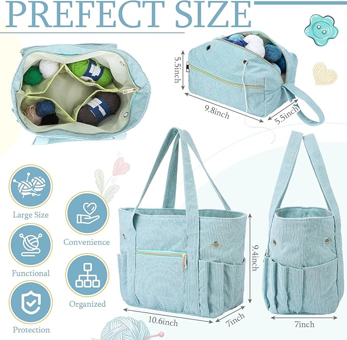 Bulyoou 2 Pcs Crochet Bag and Tote Set Corduroy Yarn Bag Crochet Tote Bag for Crochet Hooks Organizer Yarn Holder for Crochet Lovers Knitting Bag Crochet Accessories(Blue)
