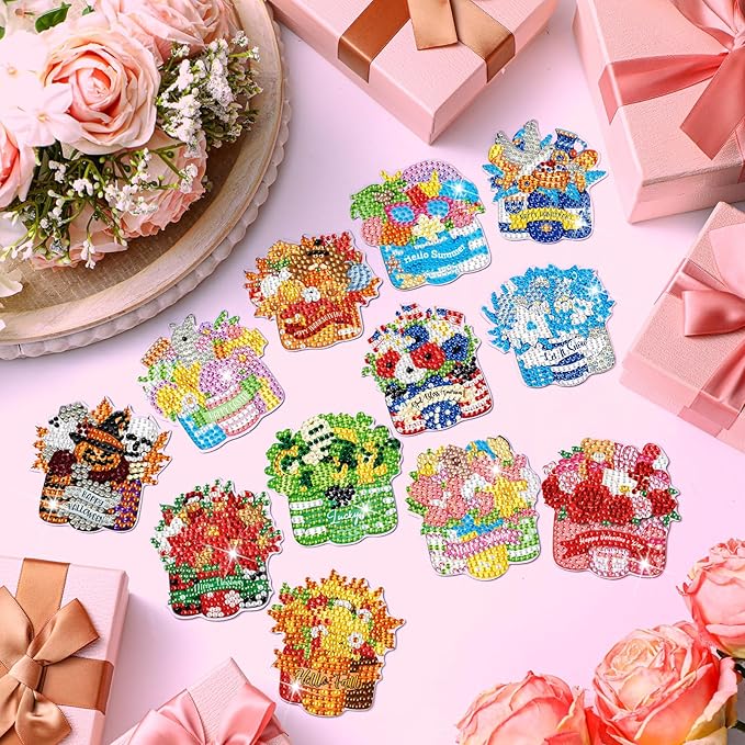 Frienda 12 Pcs Diamond Art Magnets Refrigerator Diamond Painting Magnets Holiday Seasonal Flower Basket Easy Kits Interchangeable for Adults Beginners DIY Flower Home Decors Gifts Craft