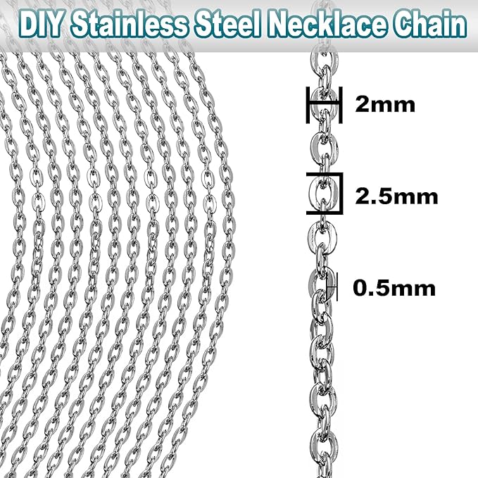 jishi 33ft silver stainless steel chain 2mm jewelry necklace link cable chain for jewelry making bracelets earring craft supplies diy findings - metal rolo link chain roll w/lobster clasps, jump rings