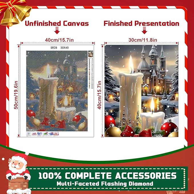 EMIEAUFG Christmas Diamond Art Kits for Adults, Christmas Candle Diamond Paiting Kit for Beginners, 5D DIY Round Full Drill Craft Diamond Dot Gem Art, Home Wall Decor 12" x 16"