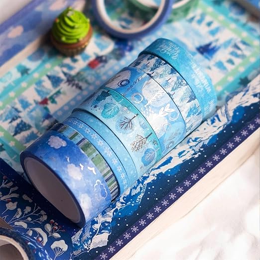 YUBX Winter Washi Tape Set 19 Rolls Skinny Snow Embellishment Blue Silver Foil Decorative Masking Tapes for Arts, DIY Crafts, Journals, Planners, Scrapbook, Wrapping
