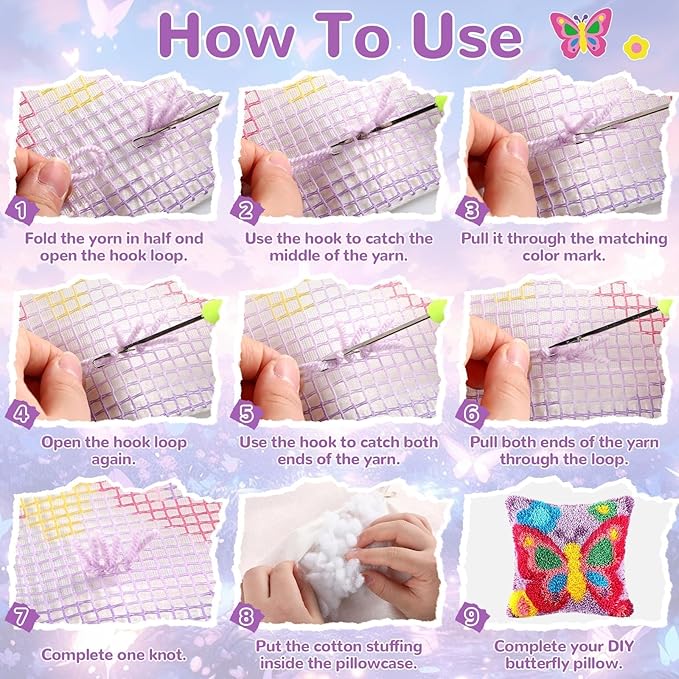 Butterfly Latch Hook Kit Butterfly Floral Pillow DIY Valentine Craft Kit for Kids Adults Beginners Making Your Own Pillow Craft Printed Pillowcase Crochet Yarn Art Handmade Cushion Gift for Sofa Decor
