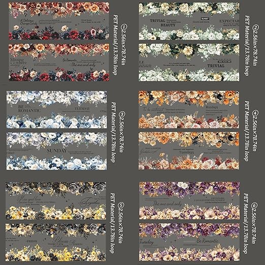 Kesari Flower Tape Stickers for Scrapbooking Supplies, 6 Rolls Floral Themed PET Washi Transparent Scrapbook Stickers for Journaling,Junk Journal Supplies, Planer (Dark Night)