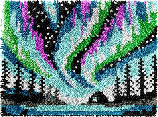 Aurora Borealis Latch Hook Kits for Adults Kids Beginners Northern Light Scenic Latch Hook Rug Kit Pre-Printed Hook and Latch Carpet Making Kits DIY Wall Hanging Crochet Set 20x15 In. Craft Gift