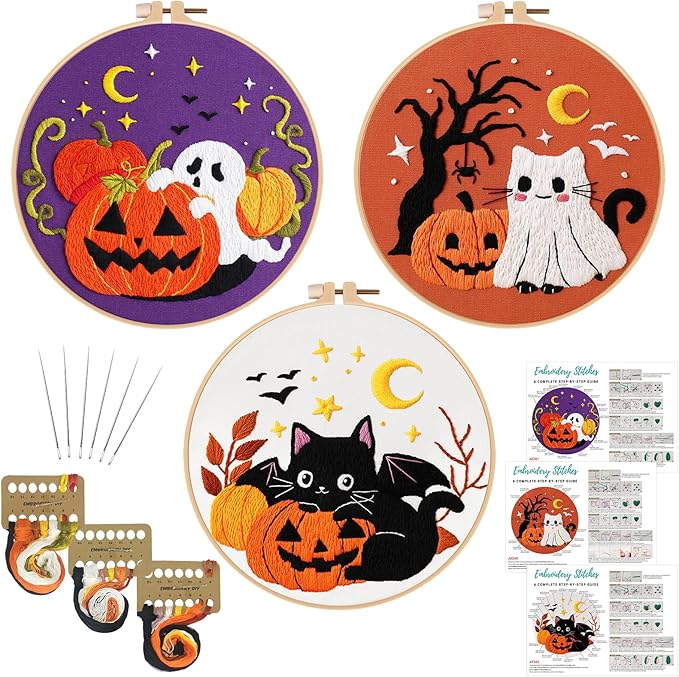 Nuberlic Halloween Embroidery Kits - 3 Pack Easy Embroidery kit for Adults Beginners Starter Cross Stitch Kit DIY Needlepoint with Pre-Printed Fabric, Hoop, Thread, Needles & Step-by-Step Guide