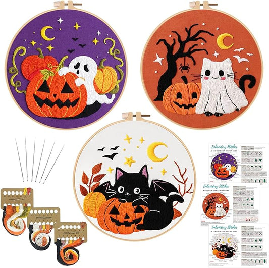 Nuberlic Halloween Embroidery Kits - 3 Pack Easy Embroidery kit for Adults Beginners Starter Cross Stitch Kit DIY Needlepoint with Pre-Printed Fabric, Hoop, Thread, Needles & Step-by-Step Guide