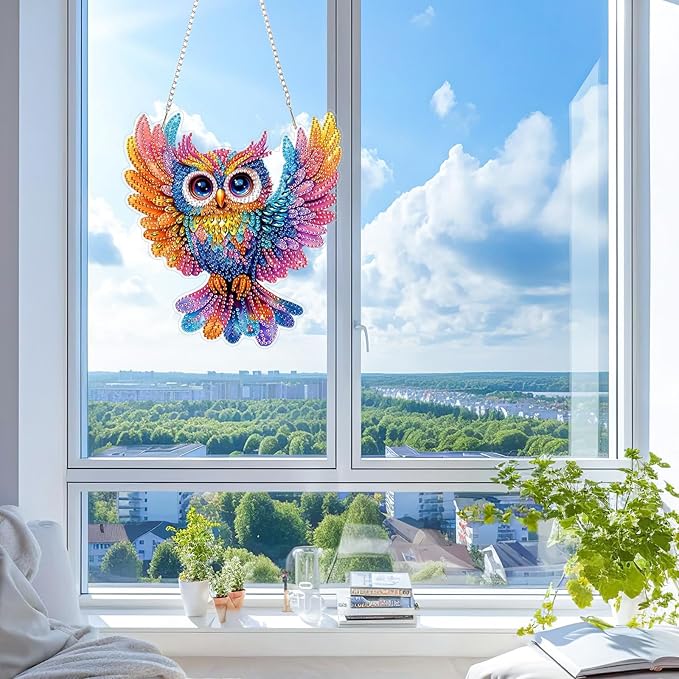KEYIFA Diamond Painting Kit, DIY Colorful Owl Diamond Art Hanging for Adults Beginner, Bird Gem Arts Pendant Special Shaped Rhinestone Window Ornaments Wall Door Garden Decoration Gift, Double Sided