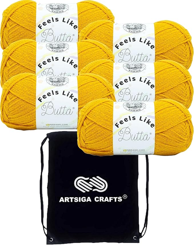 Lion Brand Feels Like Butta Golden Sunshine 215-159 (6-Skeins - Same Dye Lot) Worsted Medium #4 Polyester Yarn for Crocheting and Knitting with Project Bag