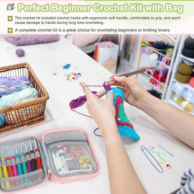 Katech Crochet Hooks Set with Case, 73-Piece Crochet Hooks Kit Knitting Accessories Ergonomic Aluminum Alloy Crochet Hook Colorful Crochet Needles for Making Socks, Gloves, Bag, Hat, Sweaters