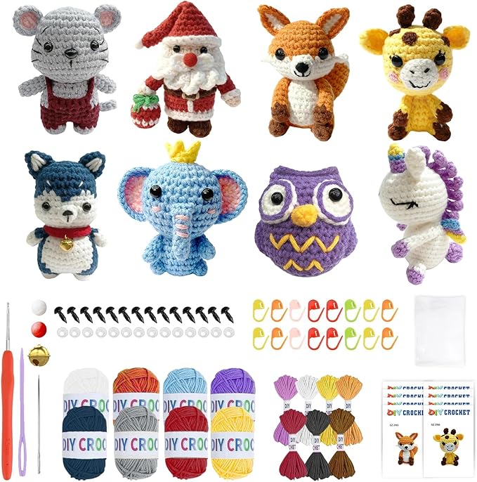 Ploomi 8Pcs Crochet Kit for Beginners - 2026 Knitting Kit for Adults and Kids Beginners -Crochet Kit and Crochet Animals Kits with Easy Peasy Yarn and Step-by-Step Video Tutorials