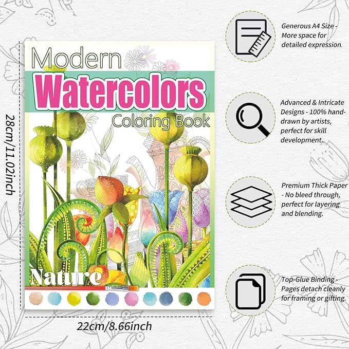 Watercoloring Book, A4 Water Coloring Book Paint Book Beginner Friendly - Watercolor Coloring Books for Adults, 12 Pre-Printed Designs on 180GSM Cold Press Paper, (Without Paint or Brushes) - Nature