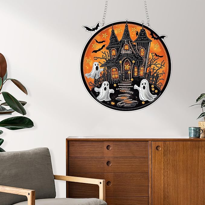 Reofrey Hanging Diamond Art Kits for Adults - 8x8 Inch Halloween Ghost Acrylic Board Double Sided Pattern Diamond Art Suncatcher Pendant, Crystal Art for Home Wall or Window Decoration Handmade Gift