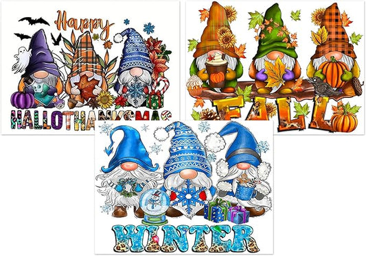 Fall Winter and Halloween Diamond Art Kits for Adults, 3 Pack Gnomes Diamond Painting Kits for Adults, 5D DIY Round Full Drill Gem Art Paint by Diamonds Dots Crafts Kits for Home Decor Gift 16x12inch