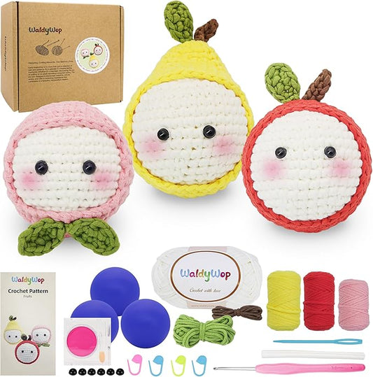 WaldyWop Crochet Kit for Beginners: 3PCS Fruit Squishies Knitting Kits, DIY Craft Kits for Adults w/Video Tutorials & Soft Yarn, Hook - Hobbies Starter Kit for Girls (13+, Birthday Gifts Set for Women