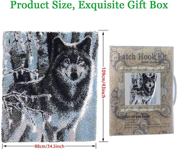 ZFFLYH Large Latch Hook Kits for Adults Rug, 3D Tapestry Yarn Needlework Cushion Making Crafts, Snow Wolf (43X34.5Inch/109X88cm)