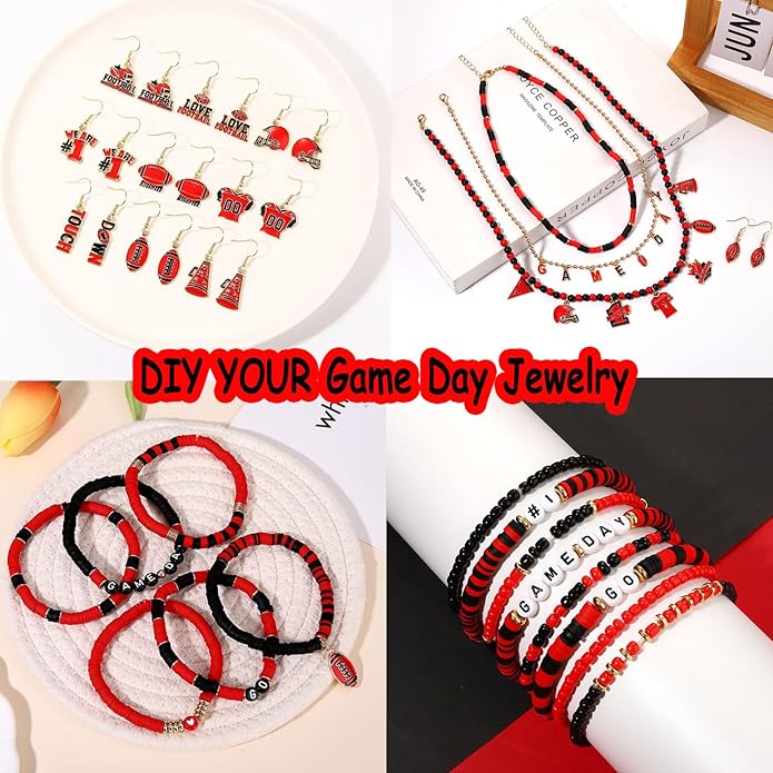 2200PCS+ Game Day Beads Charms for Bracelet Making Polymer Clay Beads Crystal Pearl Letter Gold Spacer Beads Football Charms for Game Day Bracelet Necklace Making DIY Crafts