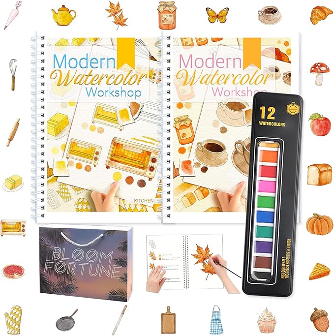APOLYONE 2-Pack Beginner Watercolor Workbooks: 24 Coloring Pages + 12 Watercolor Paints + Brush – 300gsm/140lb Paper – Gift for Women, Adults & Beginners (Autumn & Kitchen)