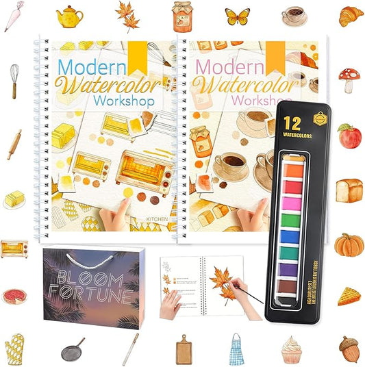 APOLYONE 2-Pack Beginner Watercolor Workbooks: 24 Coloring Pages + 12 Watercolor Paints + Brush – 300gsm/140lb Paper – Gift for Women, Adults & Beginners (Autumn & Kitchen)