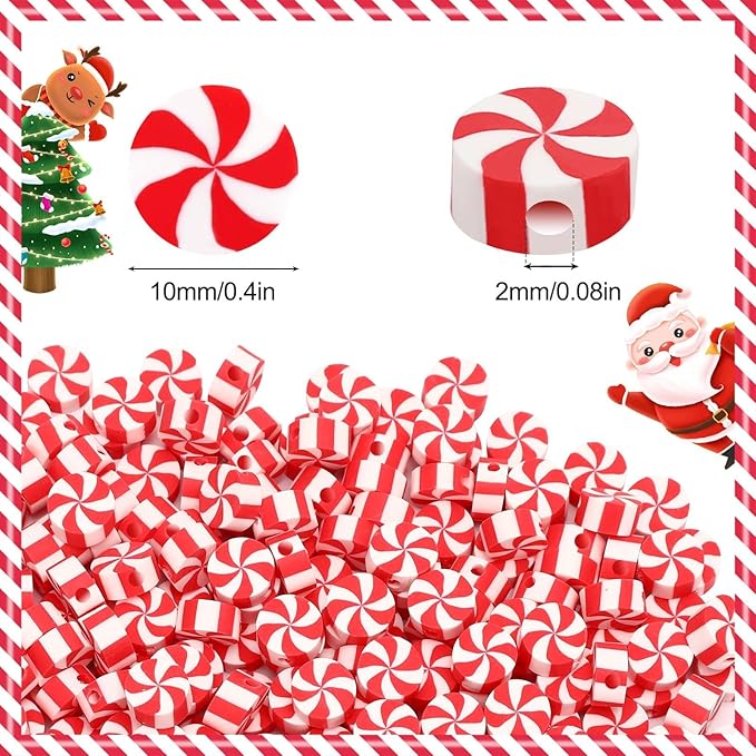 Augshy 300Pcs Peppermint Candy Clay Beads,Christmas Red and White Round Polymer Clay Beads for Jewelry Making Xmas Crafts fBracelets Necklaces Earrings and Holiday