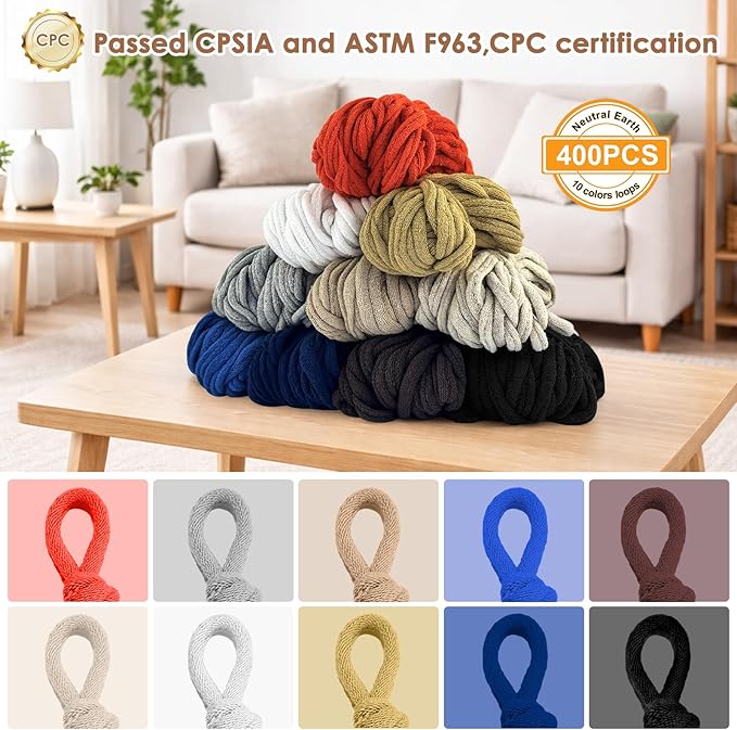 OYACH 7inch Cotton Weaving Loom Refill Loops,400pcs Potholders Loom Loops,Cotton Loops for Pot Holders,Loop Bands with Hooks for Adults Kids DIY Potholder Crafts(Neutral 10 Colors,Loom not Included)