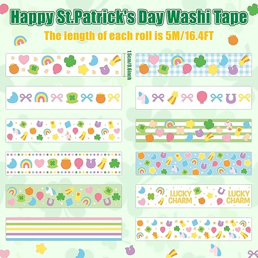 Lucky Pattern Washi Tape - 12 Rolls Lucky Marshmallow Shamrock Rainbow Pot of Gold Horseshoe Scrapbook Washi Decorative Tape Set School Office Scrapbooking Junk Journal Supplies DIY Craft