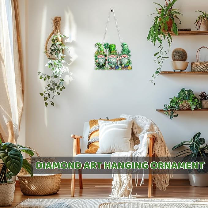 MEIYUDA St. Patrick's Day Hanging Diamond Art Kits for Adult, Four-Leaf Clover Gnomes Diamond Painting Kit Ornaments, DIY Special Shaped Rhinestone Window Pendants Kit for Home Wall Decor Gift