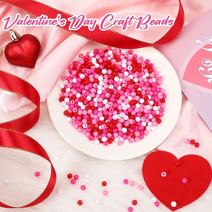 UPINS 1500Pcs Valentines Beads for Making Crafts Pink Rose Red White Beads Plastic Small Valentine Day Spacer Beads Hair Beads for Crafts Supplies