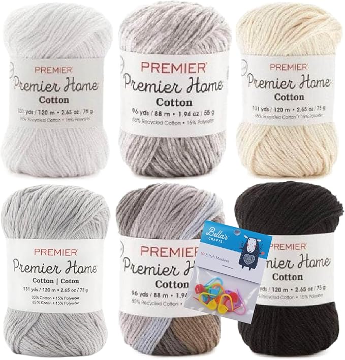 Premier Home Cotton Yarn 6-Pack Bundle with Bella's Crafts Stitch Markers (White Cream Gray Black Asst)