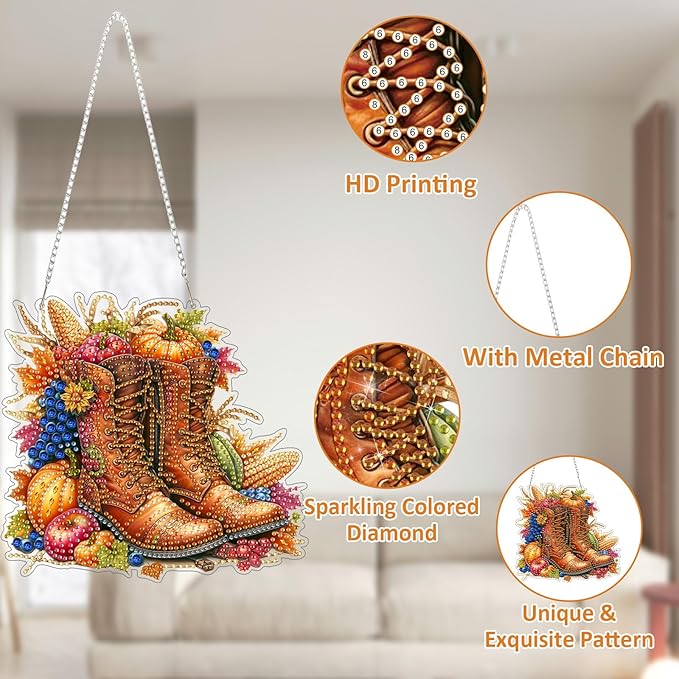 SENQAO Boots Diamond Art Hanging Kits for Adults Kids, Acrylic Diamonds Painting Pendant Board Kit Thanksgiving, Diamond Art Painting Window Pendants Home Garden Wall Hanging Kits Hanging Ornament