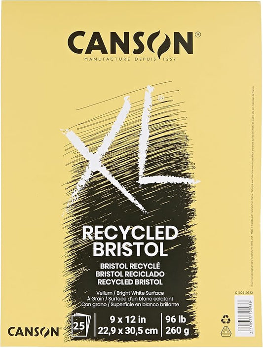 Canson XL Series Recycled Bristol Paper Pad, Dual Sided Smooth and Vellum for Pencil, Marker or Ink, Fold Over, 96 Pound, 9 x 12 In, White, 25 Sheets