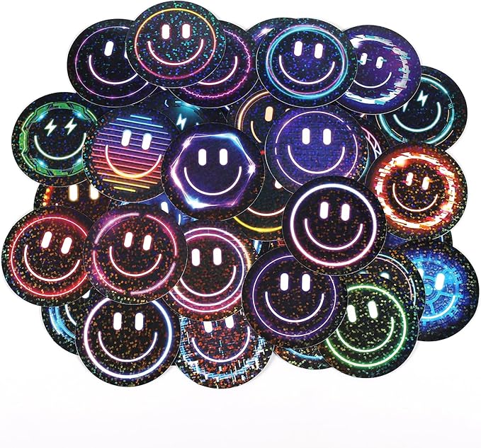 wercokt 50pcs smiling glitter neon stickers, cute water bottle stickers for kids, for teaching rewards, notebooks, stationery, luggage, cartoon pvc happy glitter stickers