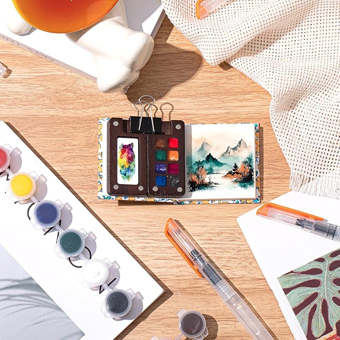 Qilery Mini Portable Watercolor Palette Set Wooden Grid Paint Box Watercolor Paper Sketch Book Brush Pens with Binder Clip for Painters Artist Not Include Paint(Sunflower)